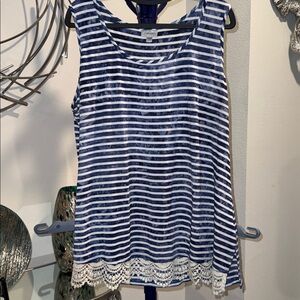 Avenue Blue and White Striped Tank with Lace Hem